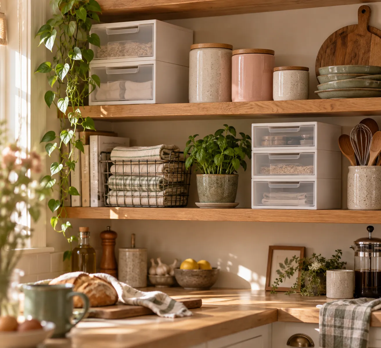 A warm kitchen shelf styled with ECOCO storage drawers, canisters and a basket of folded cloths in morning light