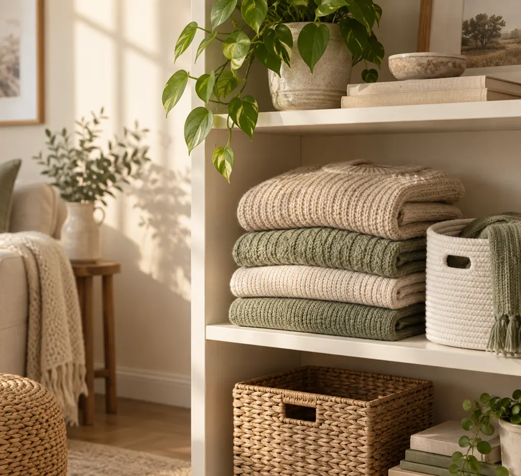 A shelf of folded knits and storage boxes in sage and cream