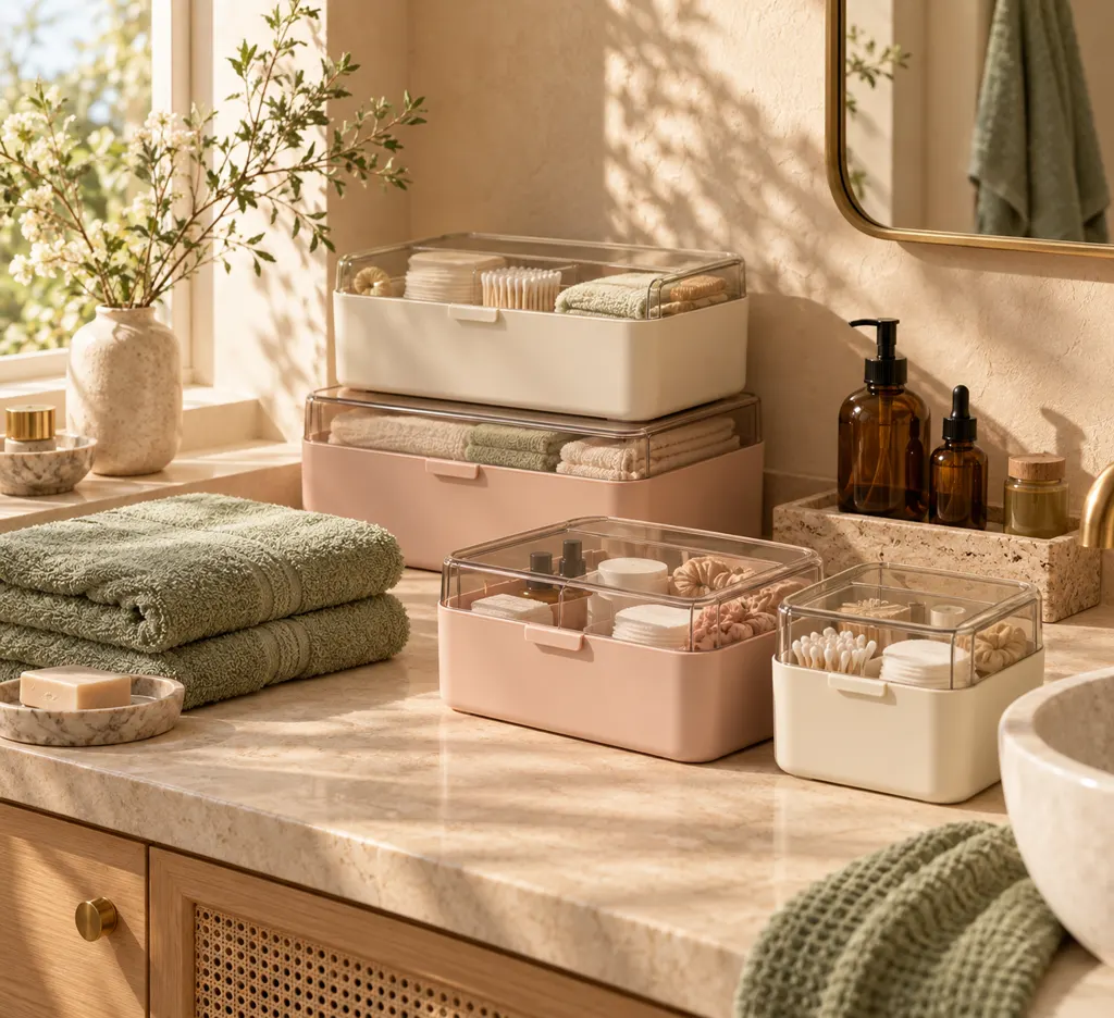 A warm bathroom vanity counter in morning light with cream and blush storage boxes and folded sage towels