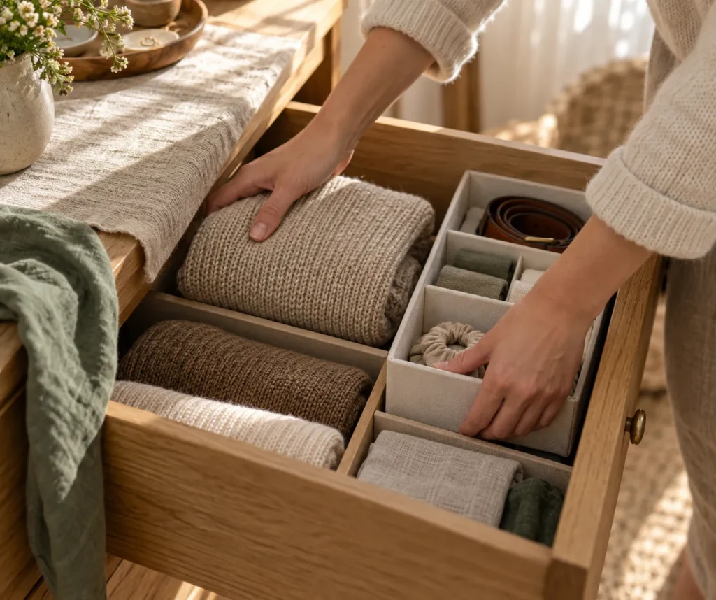 Hands setting folded knits into a drawer organiser